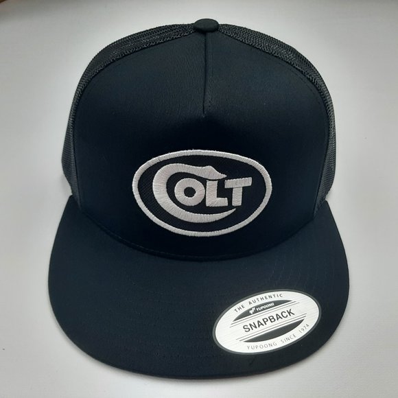 Colt Flat Bill Embroidered Patch Mesh Snapback Hat Cap Black - Picture 2 of 4